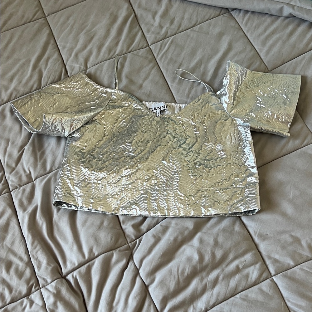 Ganni Metallic Silver Cropped Top